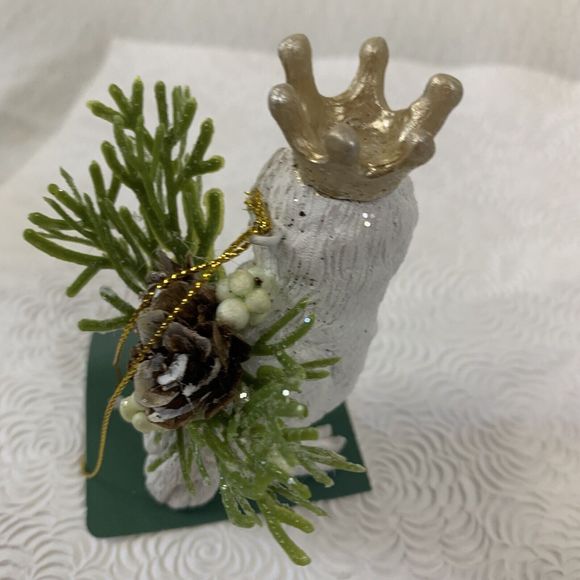 5 Christmas Tree Ornaments Fox Bear Owl with Crowns Ceramic White Green Gold Lot - Picture 10 of 16